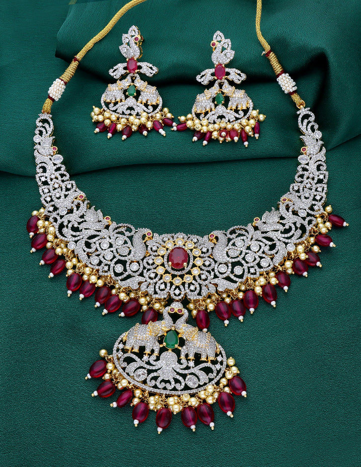 GJ Polish Zirconia Necklace Set With Ruby Beads