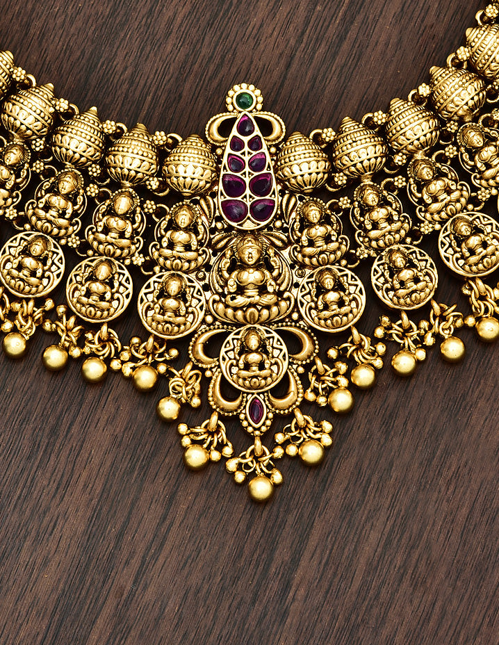 Antique Kempu Grand Lakshmi Devi Pattern Necklace Set