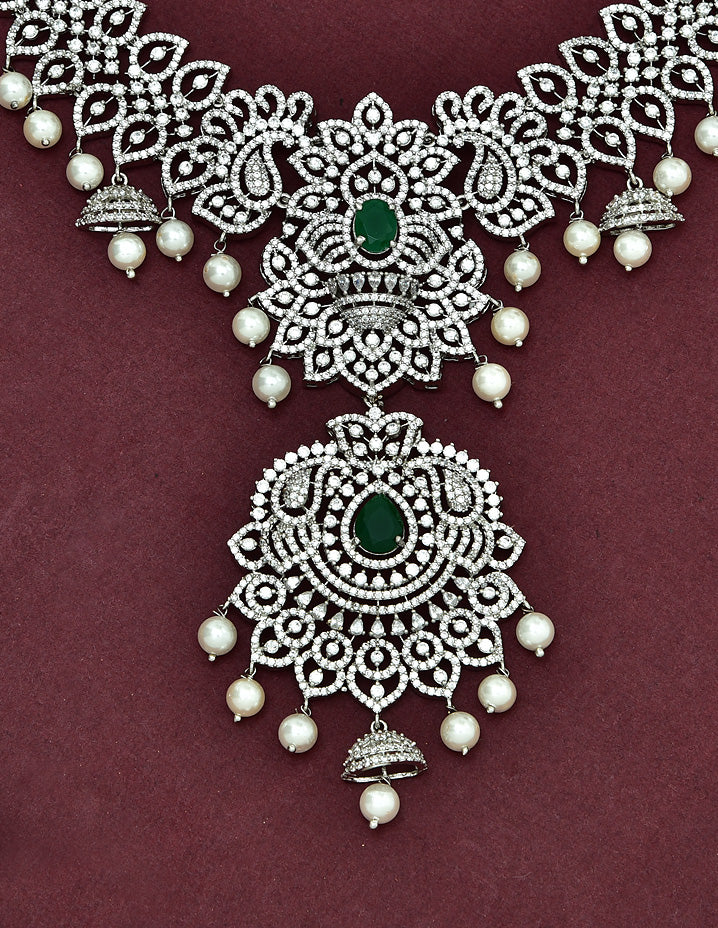 Zircon Rhodium Polish Emerald Stone Long Haaram