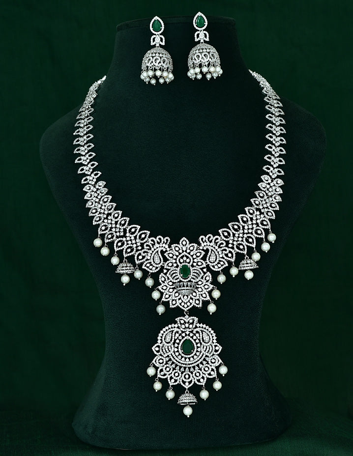 Zircon Rhodium Polish Emerald Stone Long Haaram