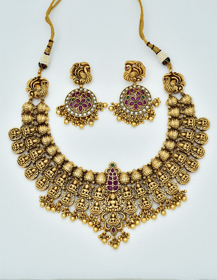 Antique Kempu Grand Lakshmi Devi Pattern Necklace Set