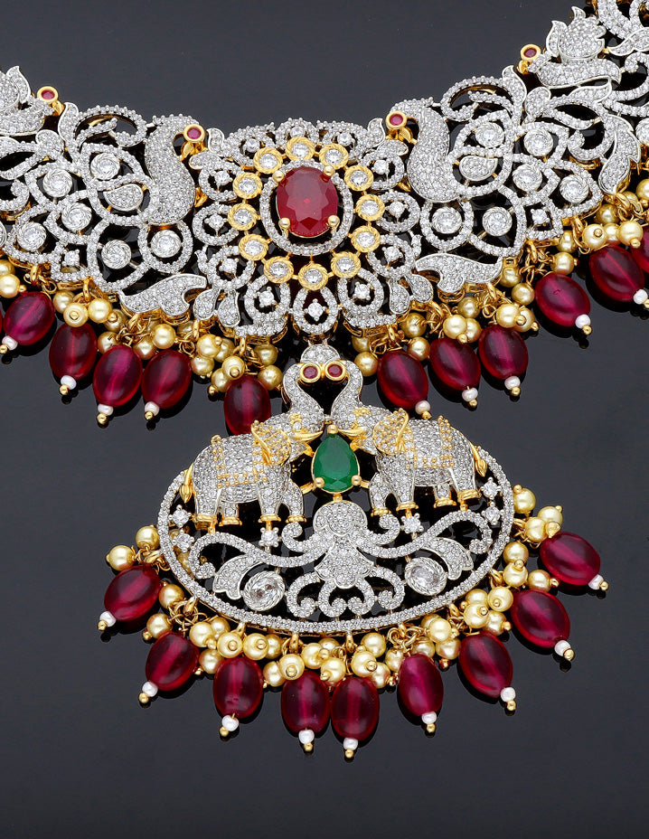 GJ Polish Zirconia Necklace Set With Ruby Beads