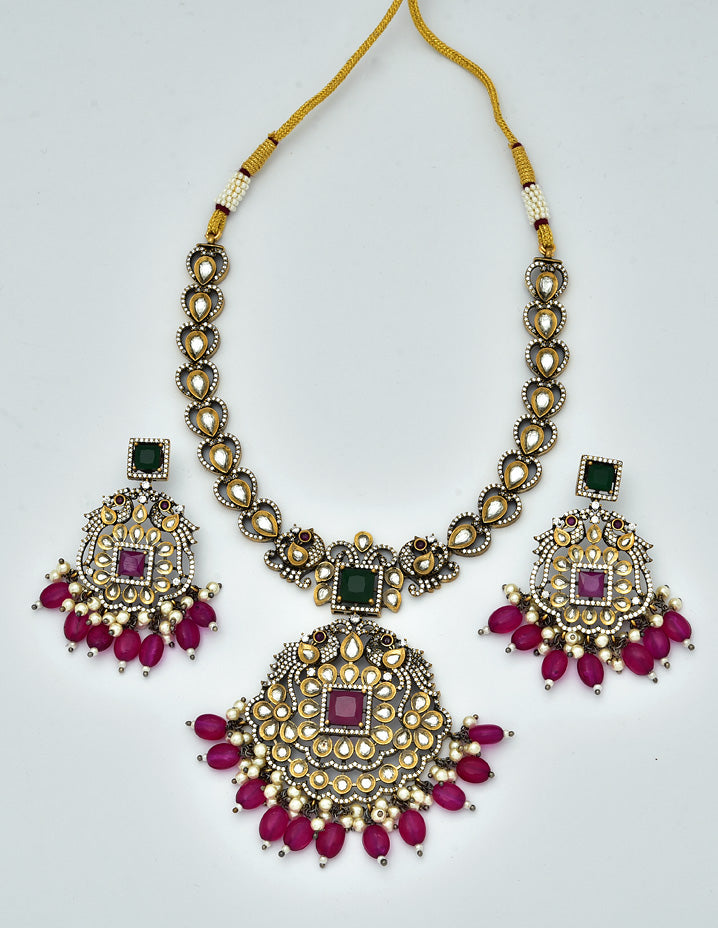 Zirconia Ruby Stone And Emerald Stone Peacock Design Victorian Necklace Set