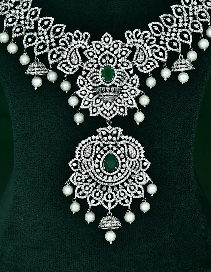 Zircon Rhodium Polish Emerald Stone Long Haaram