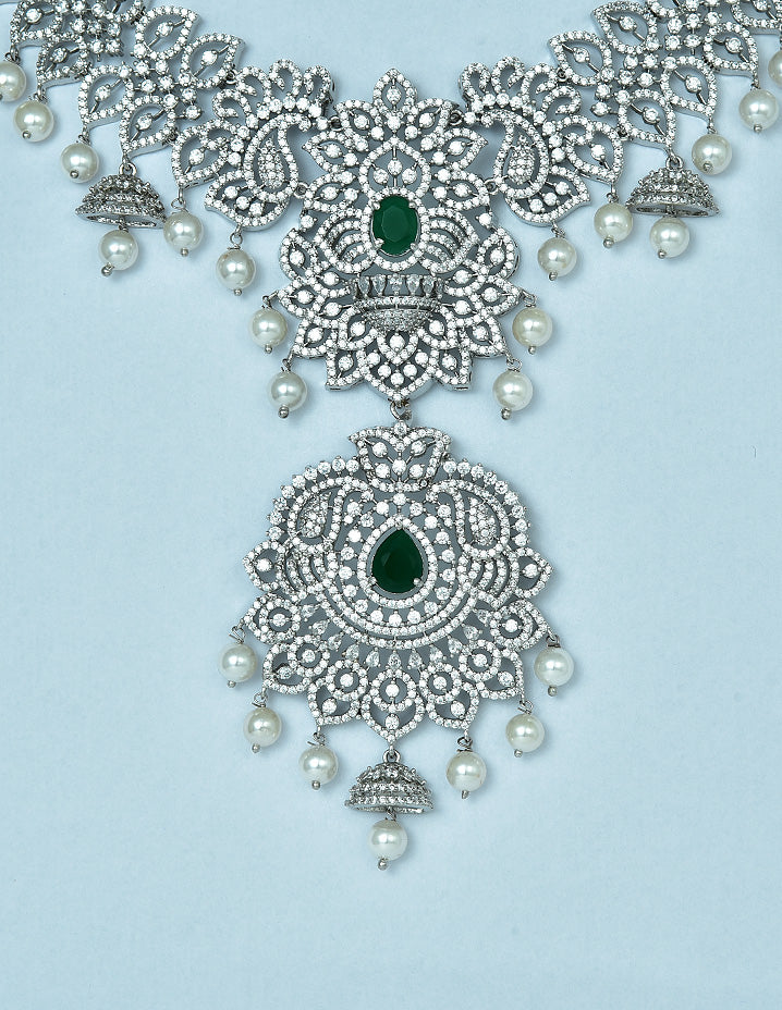 Zircon Rhodium Polish Emerald Stone Long Haaram