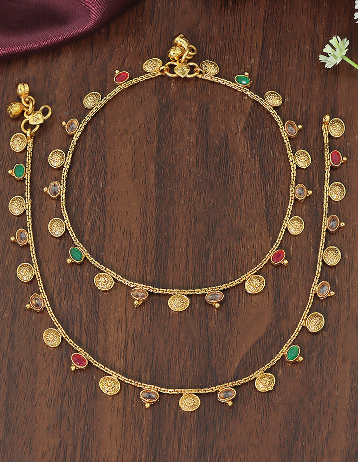 Designer Elegant Coin Drop Multicolor Stone Anklets