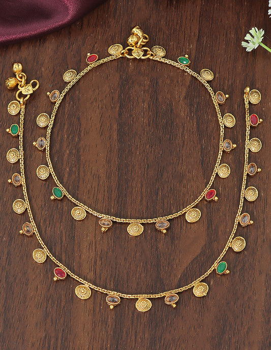Designer Elegant Coin Drop Multicolor Stone Anklets