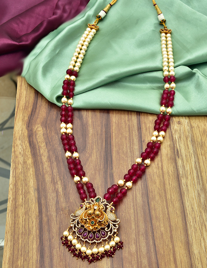 Peacock Pendant with 2 Layered Beads Long Haaram