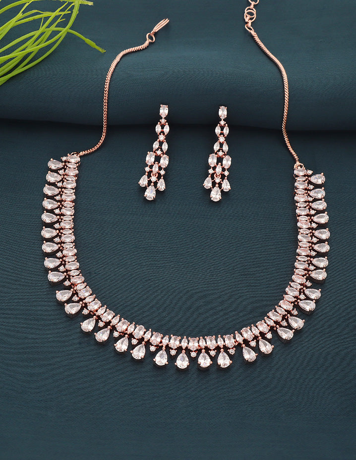 Rose Gold Polish Zirconia Necklace Set 128434