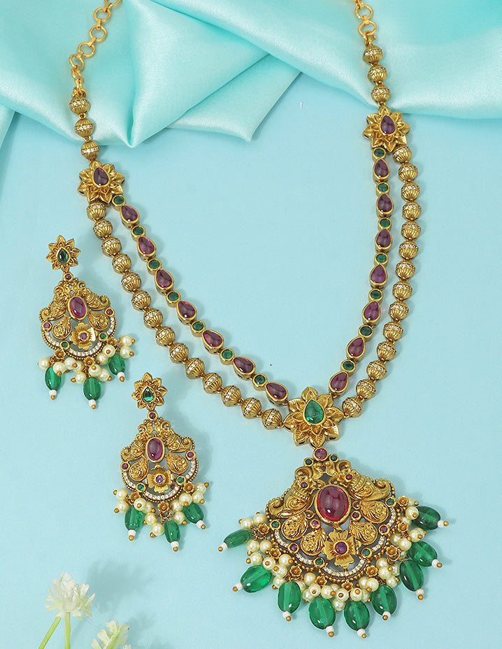 Designer 2 Layered Matt Kempu Necklace Set