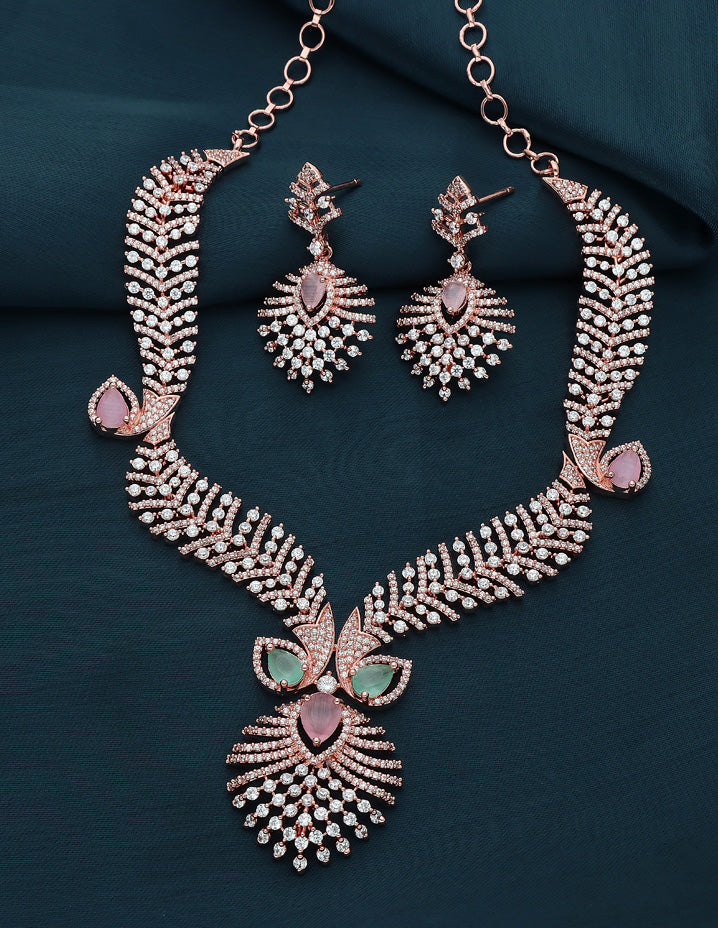 Zircon Rose Gold Polish Baby Pink Color Stone Necklace Set