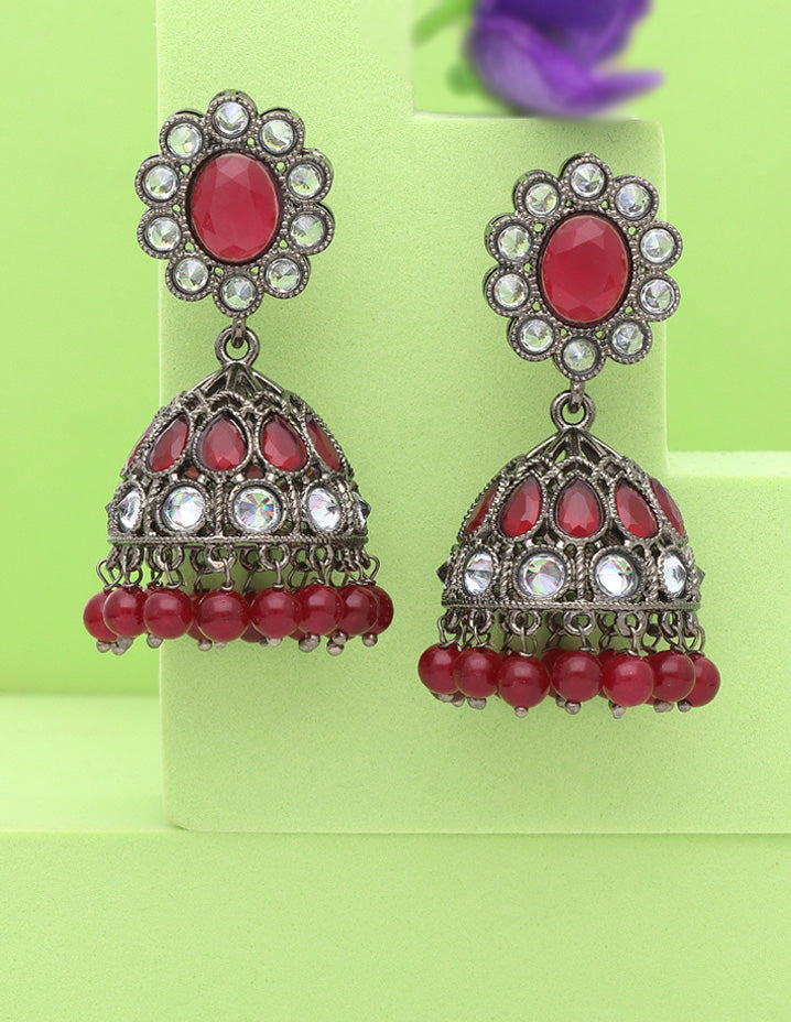 Designer Maroon Color Black Metal Fancy Earrings