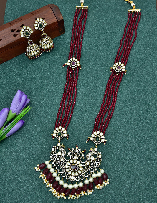 Victorian Peacock Multi Layered Ruby Beads Long Haaram