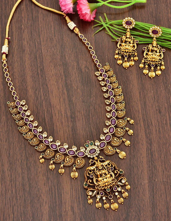 Antique Lakshmi Devi Design Kempu Necklace Set