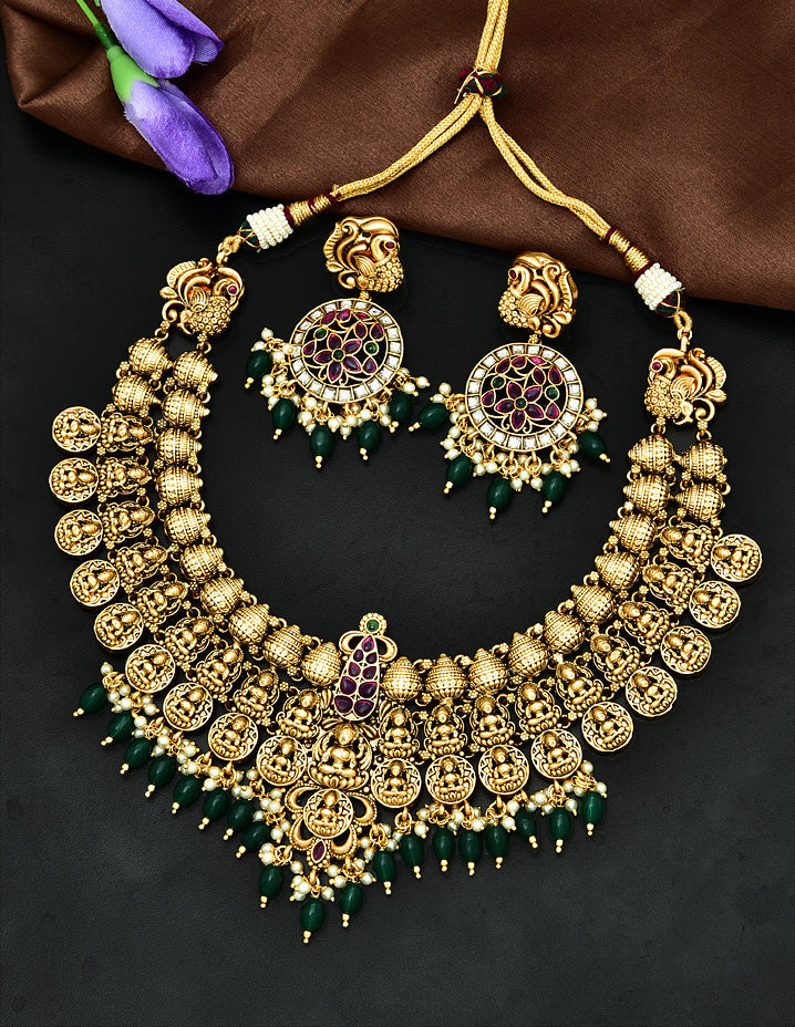 Antique Kempu Grand Lakshmi Devi Pattern Necklace Set