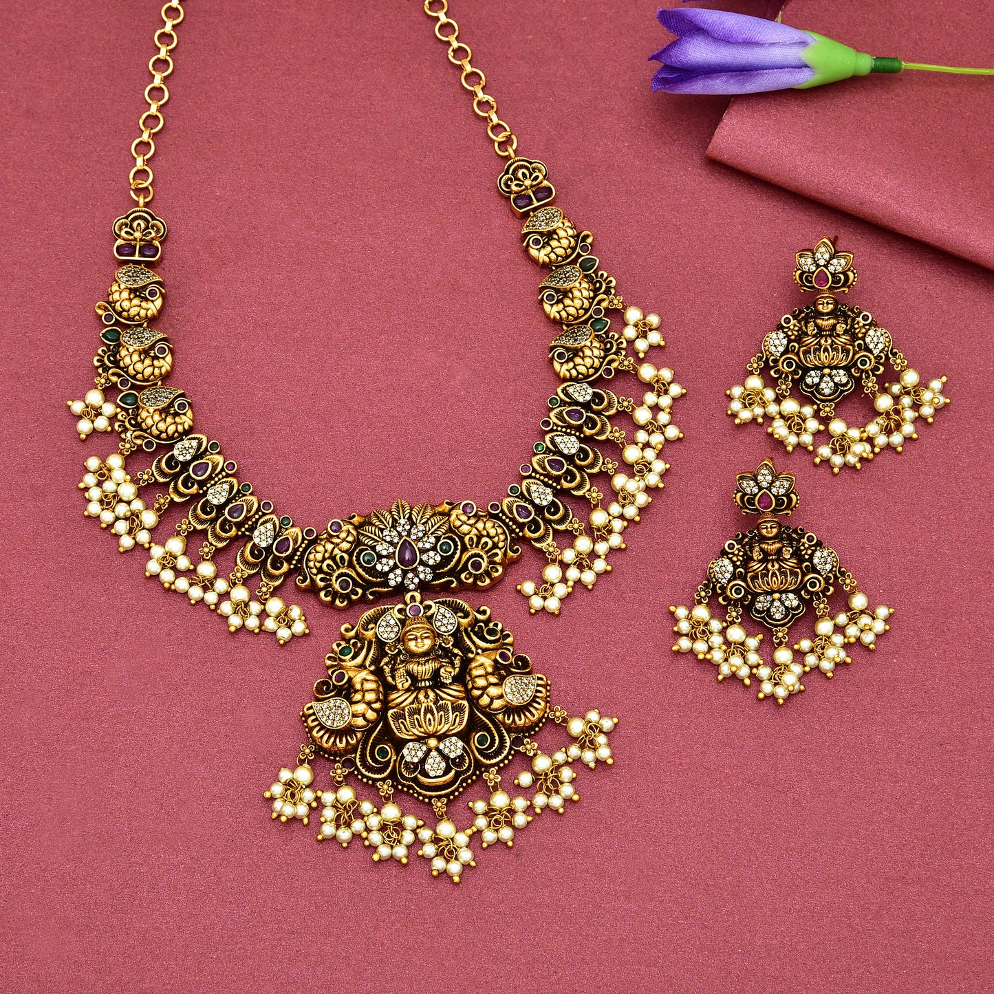 Antique Peacock Design Guttapusalu Necklace Set