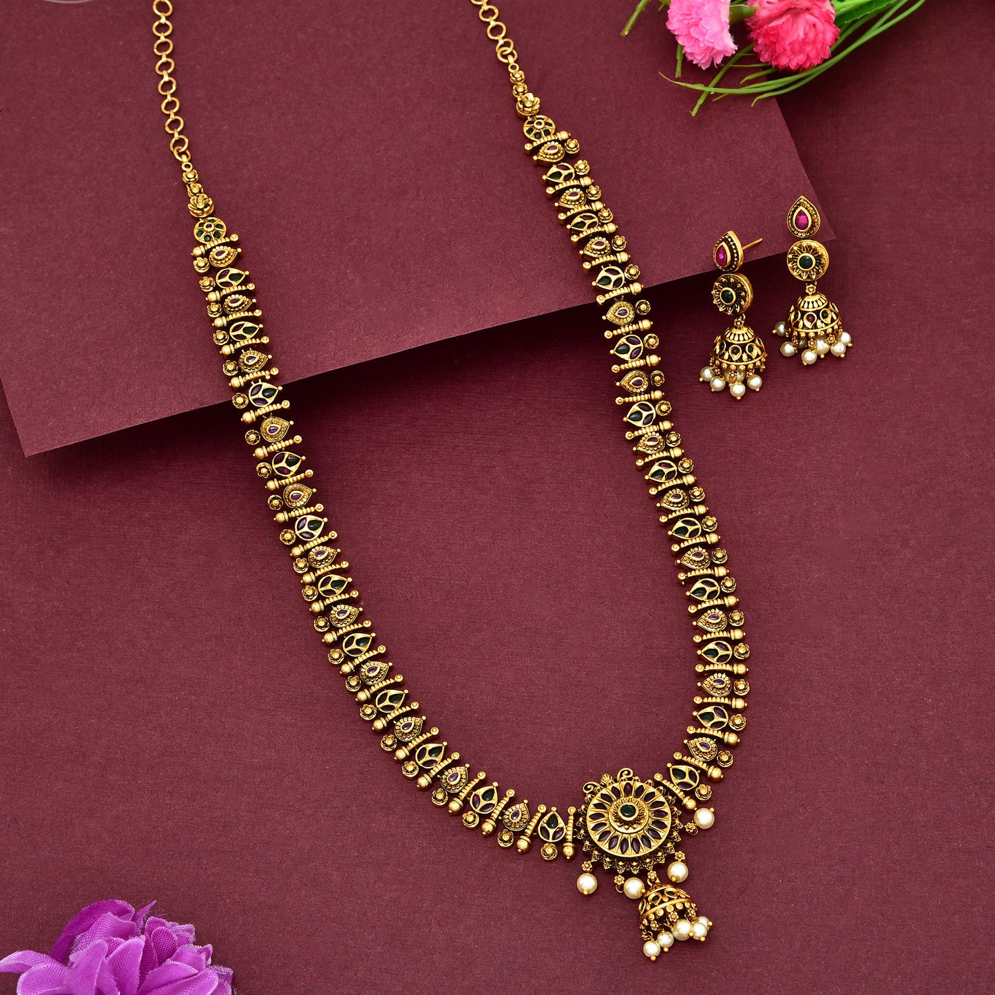 Antique Ruby And Emerald Kempu Long Haaram Set