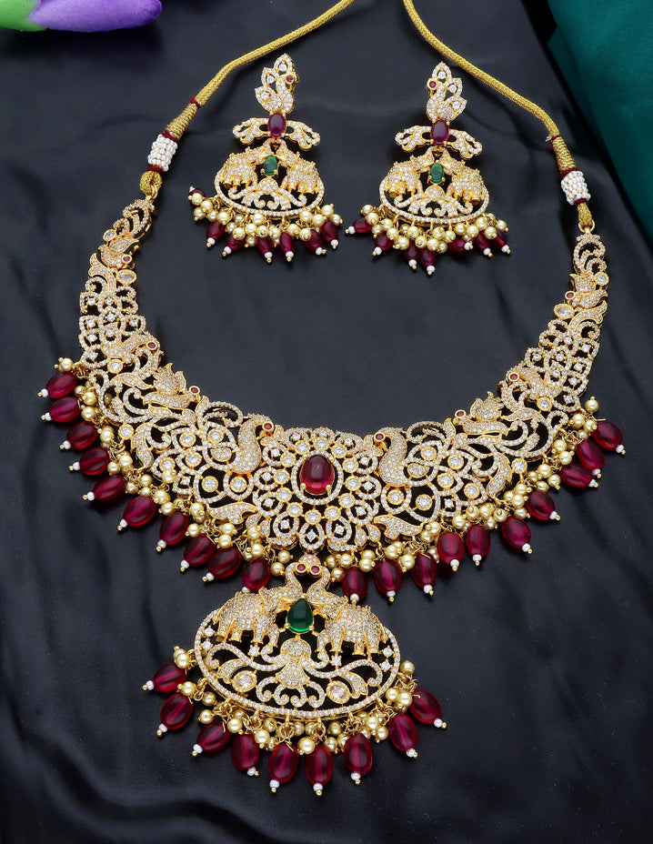 Gold Polish Zirconia Necklace Set With Ruby Beads