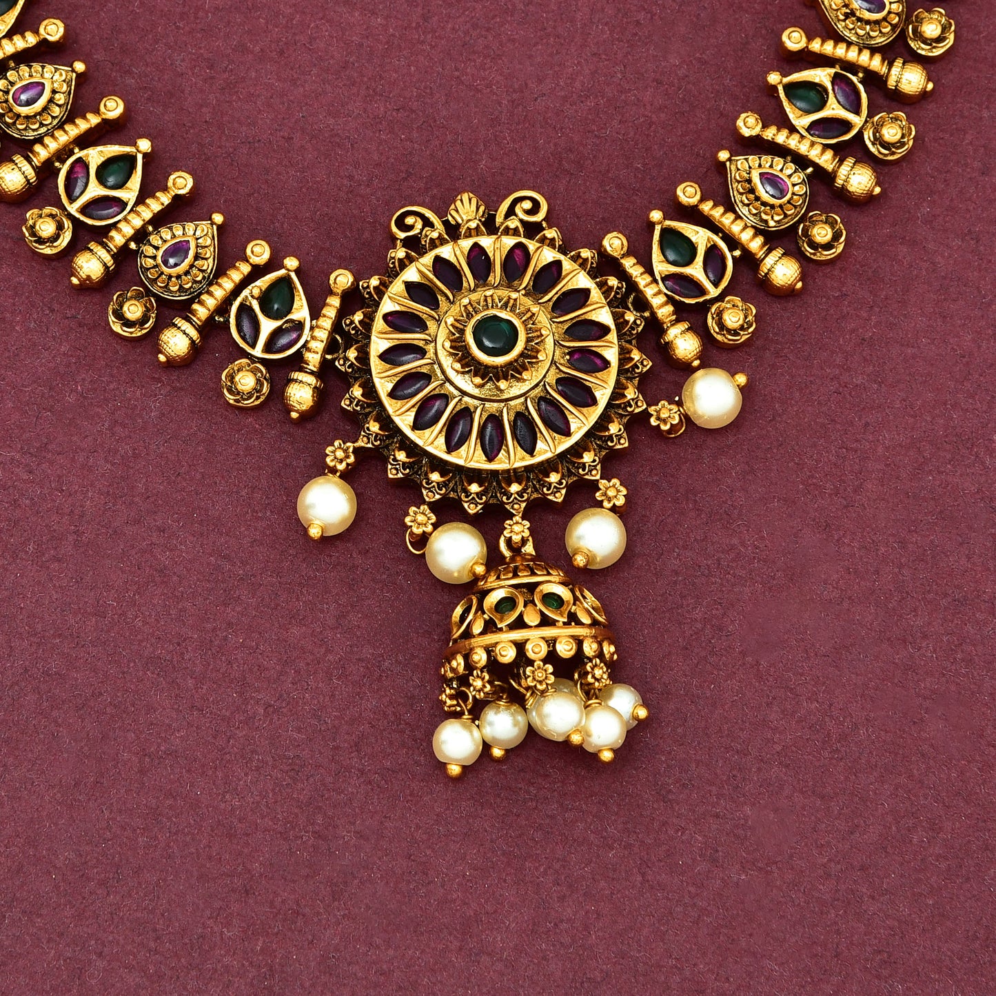 Antique Ruby And Emerald Kempu Long Haaram Set