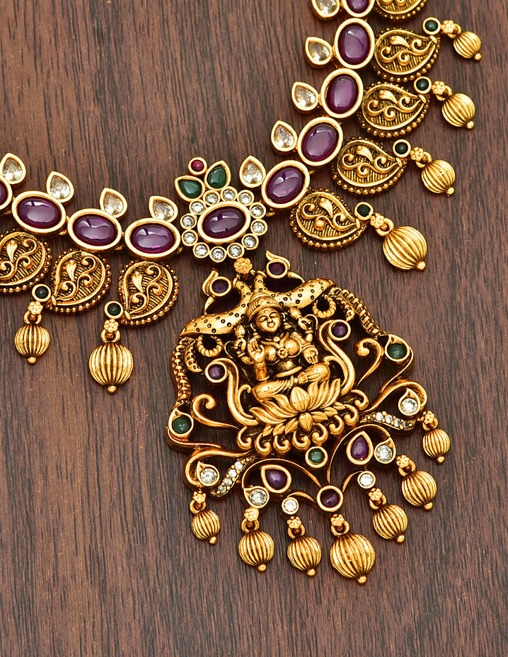 Antique Lakshmi Devi Design Kempu Necklace Set