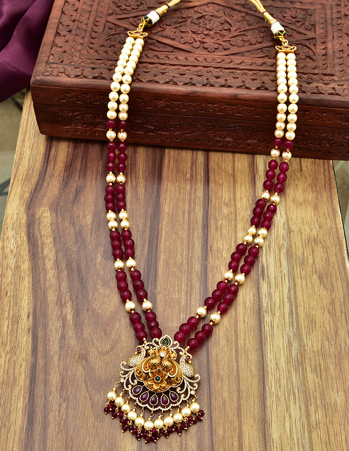 Peacock Pendant with 2 Layered Beads Long Haaram