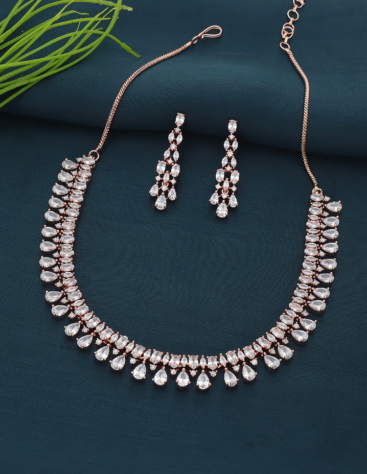 Rose Gold Polish Zirconia Necklace Set 128434