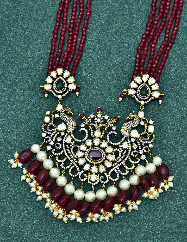 Peacock Pendant Multi Layered Ruby Beads Long Haaram