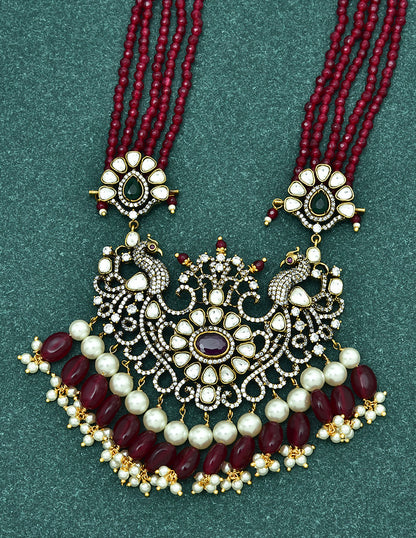 Victorian Peacock Multi Layered Ruby Beads Long Haaram