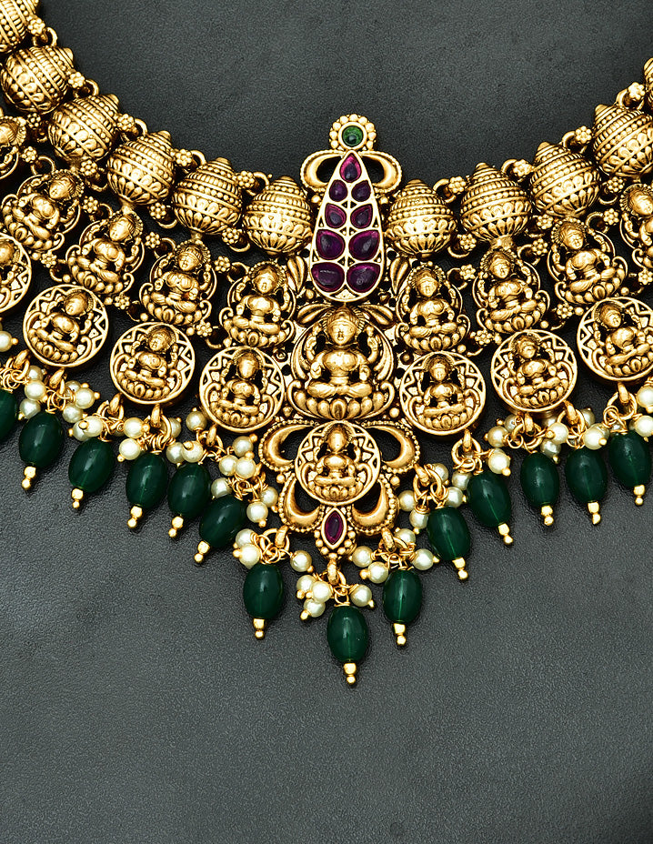 Antique Kempu Grand Lakshmi Devi Pattern Necklace Set