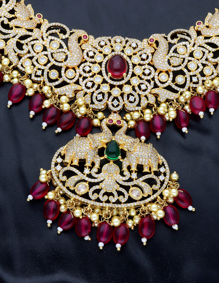 Gold Polish Zirconia Necklace Set With Ruby Beads