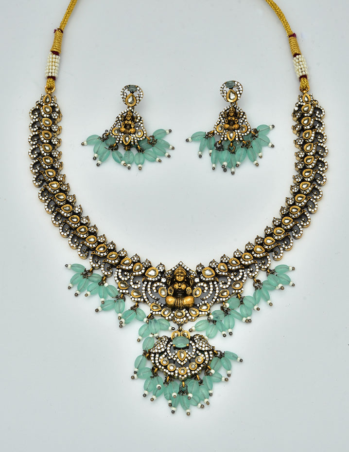 Zirconia Peacock Design Mint Green Color Beads Victorian Necklace Set