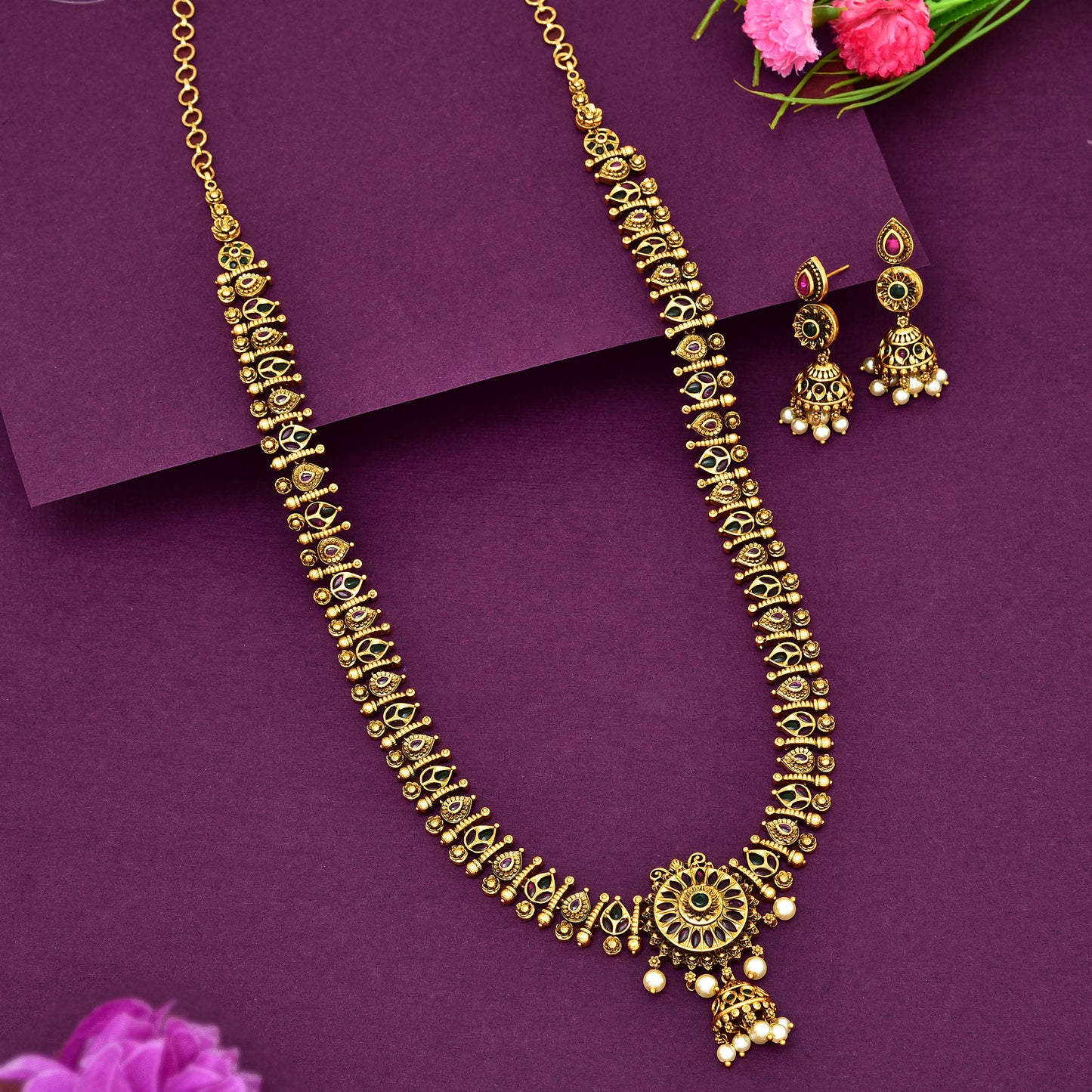 Antique Ruby And Emerald Kempu Long Haaram Set