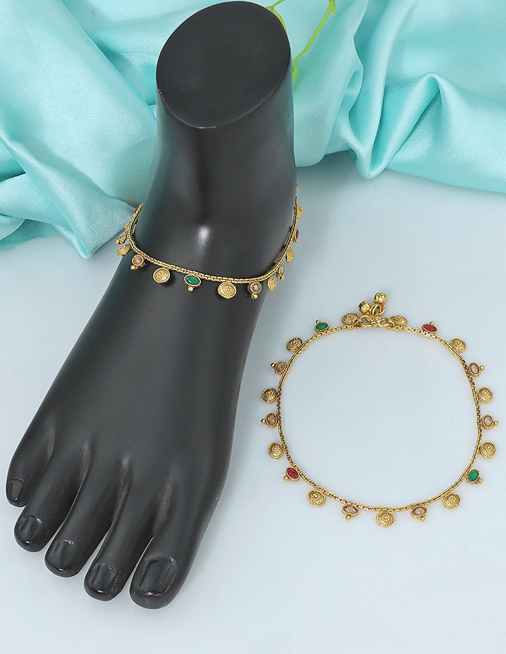 Designer Elegant Coin Drop Multicolor Stone Anklets