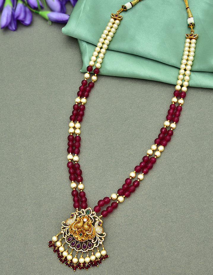 Peacock Pendant with 2 Layered Beads Long Haaram