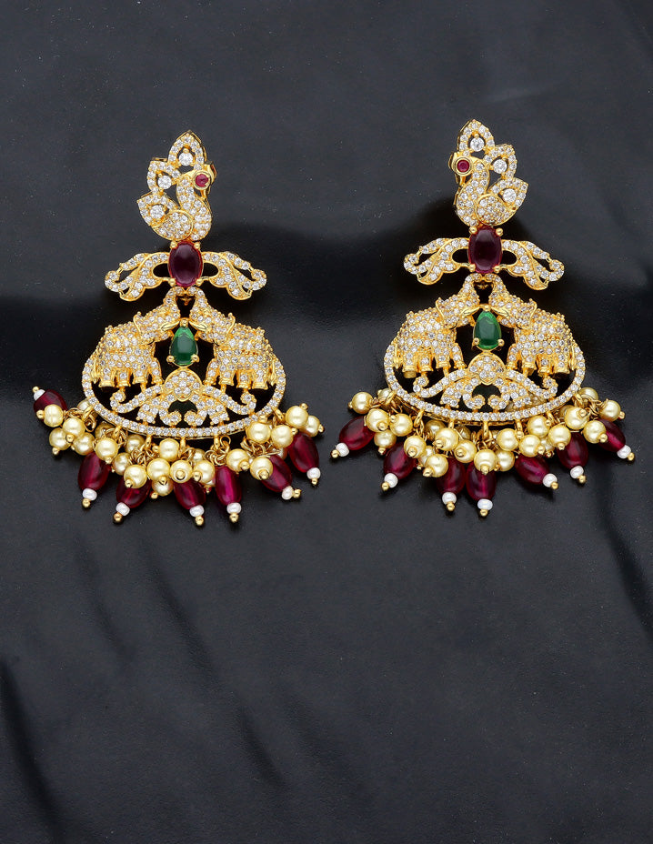 Gold Polish Zirconia Necklace Set With Ruby Beads