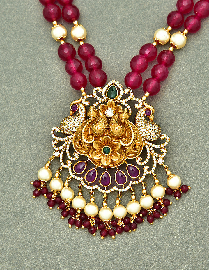 Peacock Pendant with 2 Layered Beads Long Haaram