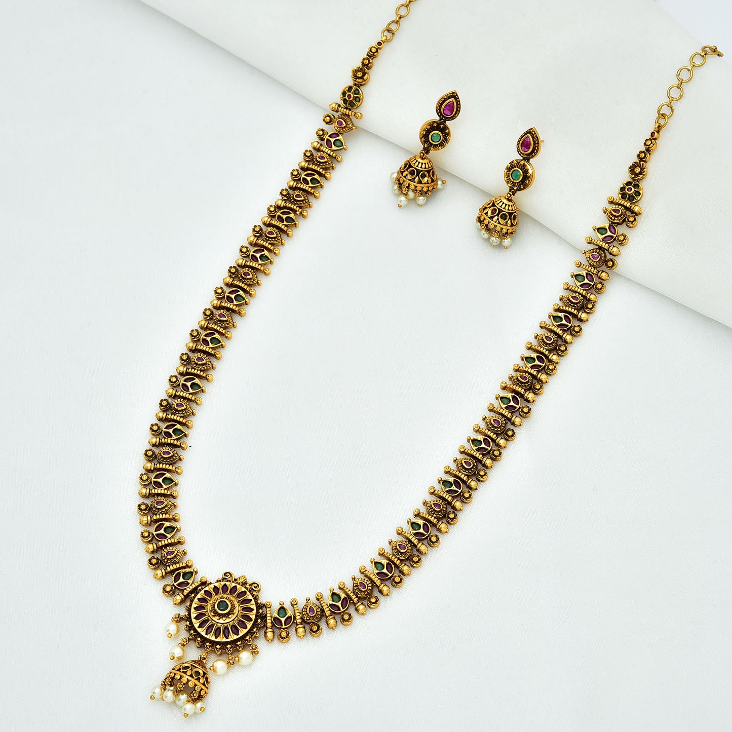 Antique Ruby And Emerald Kempu Long Haaram Set