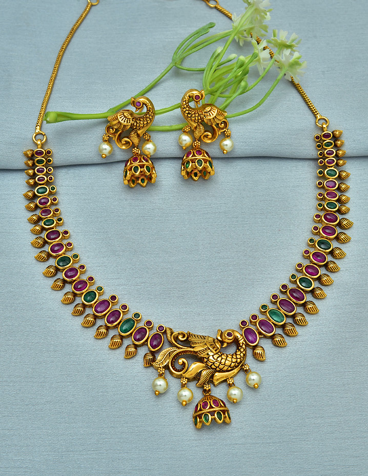 Designer Antique Plated Kempu Necklace Set