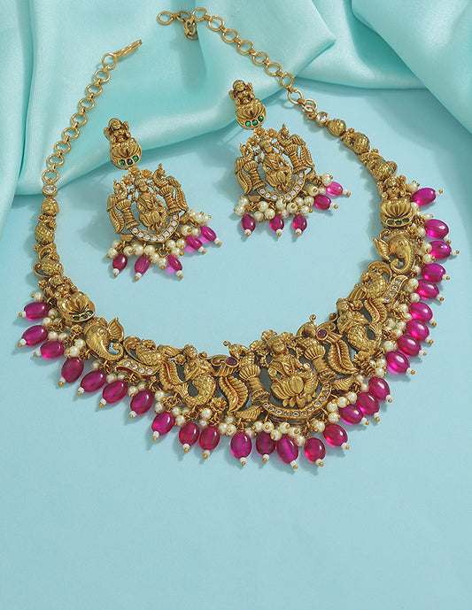 Designer Zirconia Royal Ruby Beads Necklace Set