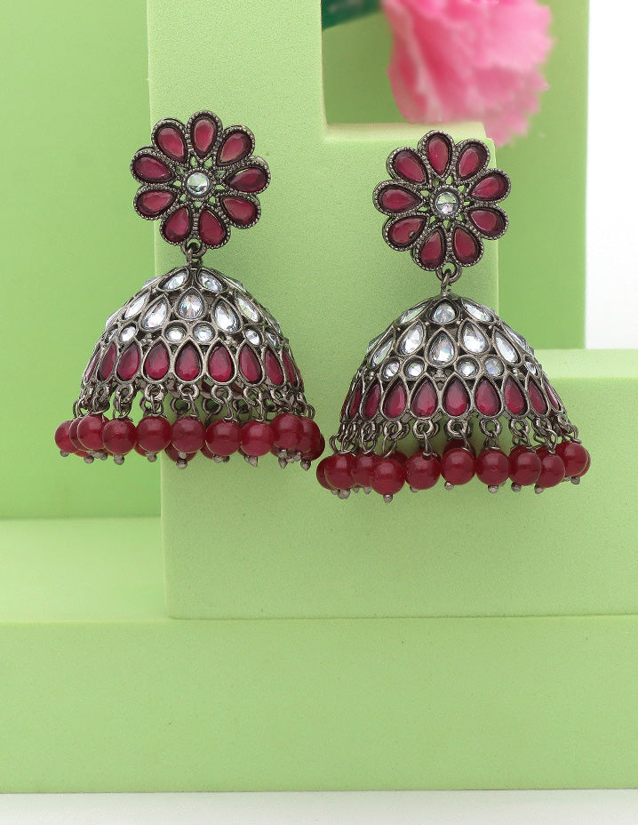Designer Black Metal Floral Jhumka Earrings