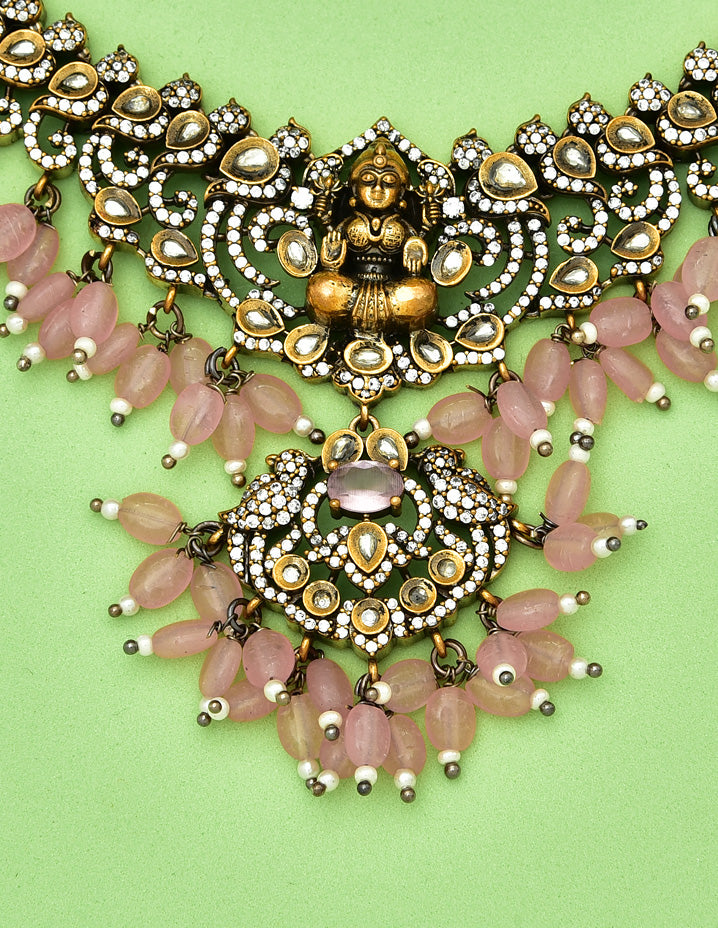 Zirconia Peacock Design Baby Pink Color Beads Victorian Necklace Set