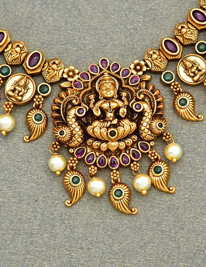 Antique Lakshmi Devi Design Kempu Necklace Set