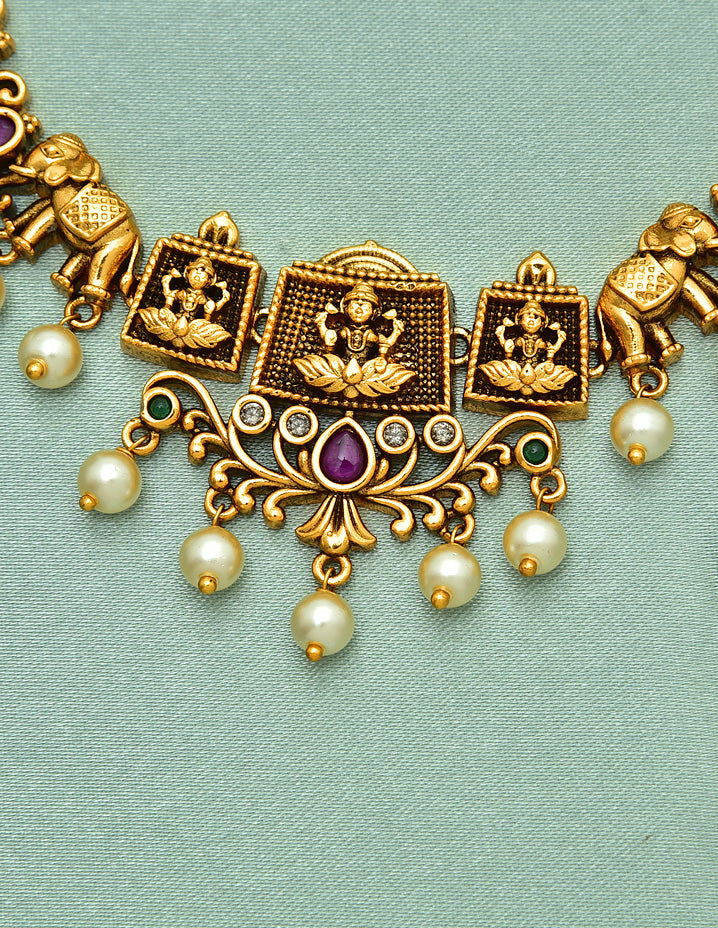 Antique Lakshmi Devi Design Kempu Necklace Set