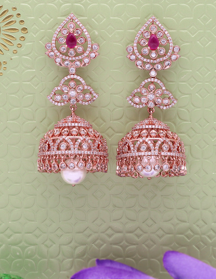 Zirconia Designer Rose Gold Jhumka Earrings