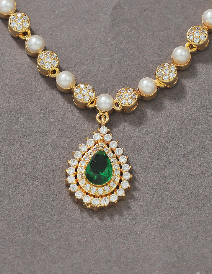 Designer Zirconia Emerald Radiance Pearl Necklace Set