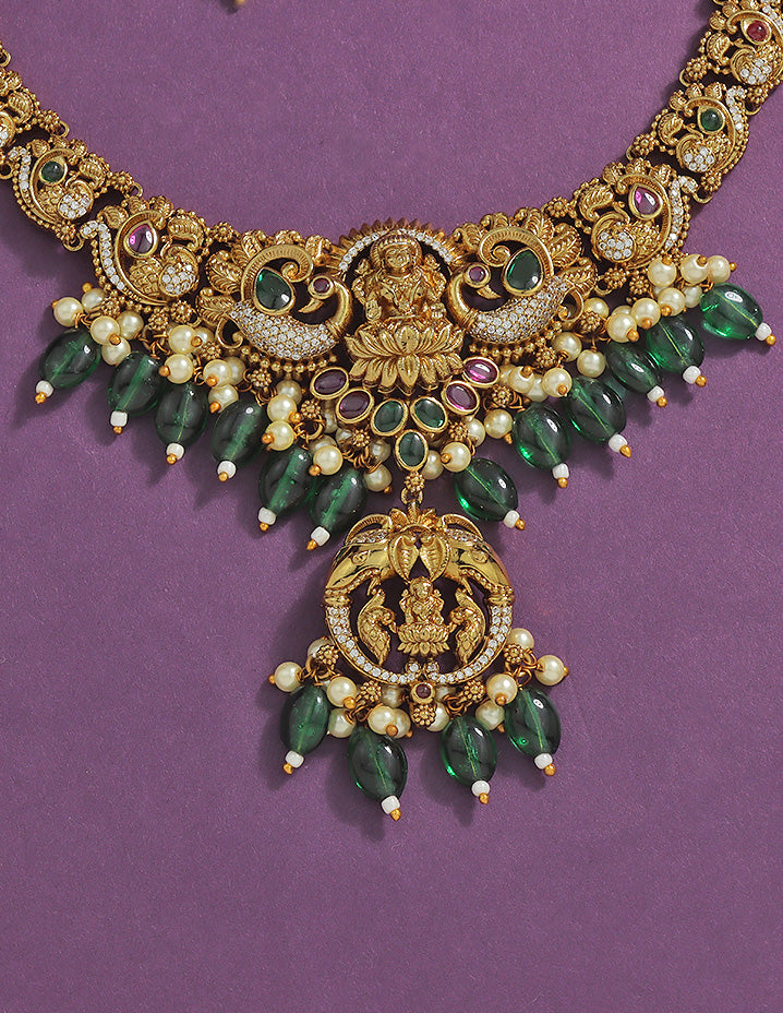 Designer Lakshmi Devi Emerald Matt Kempu Necklace Set