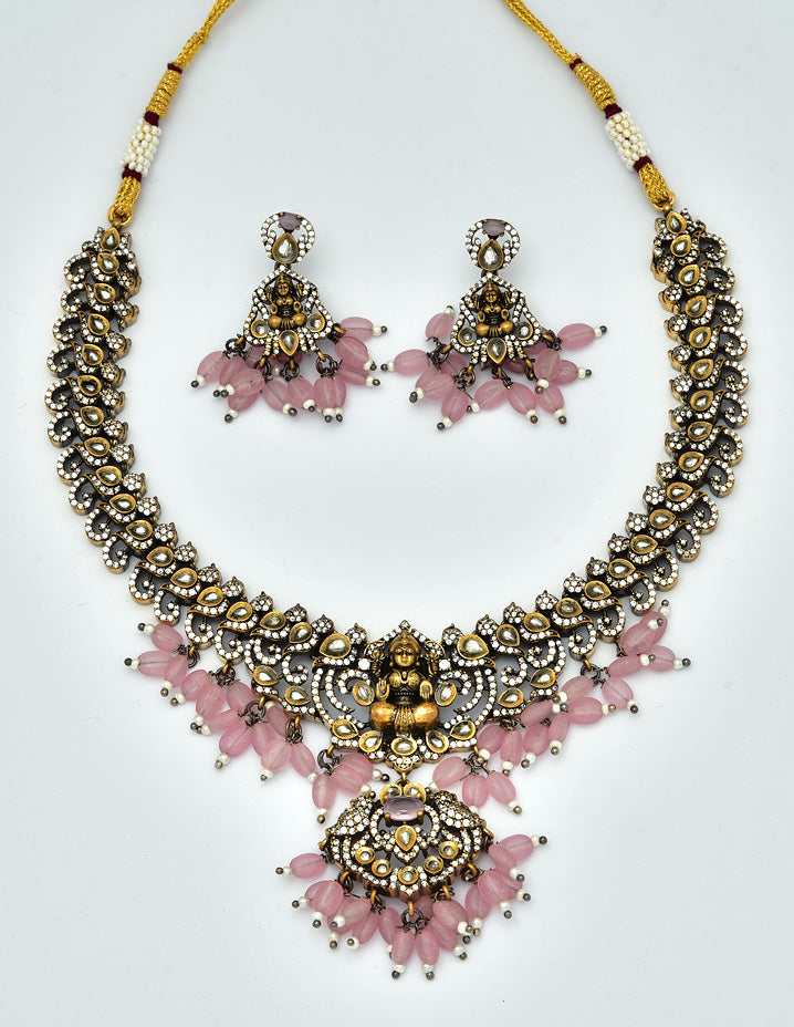 Zirconia Peacock Design Baby Pink Color Beads Victorian Necklace Set