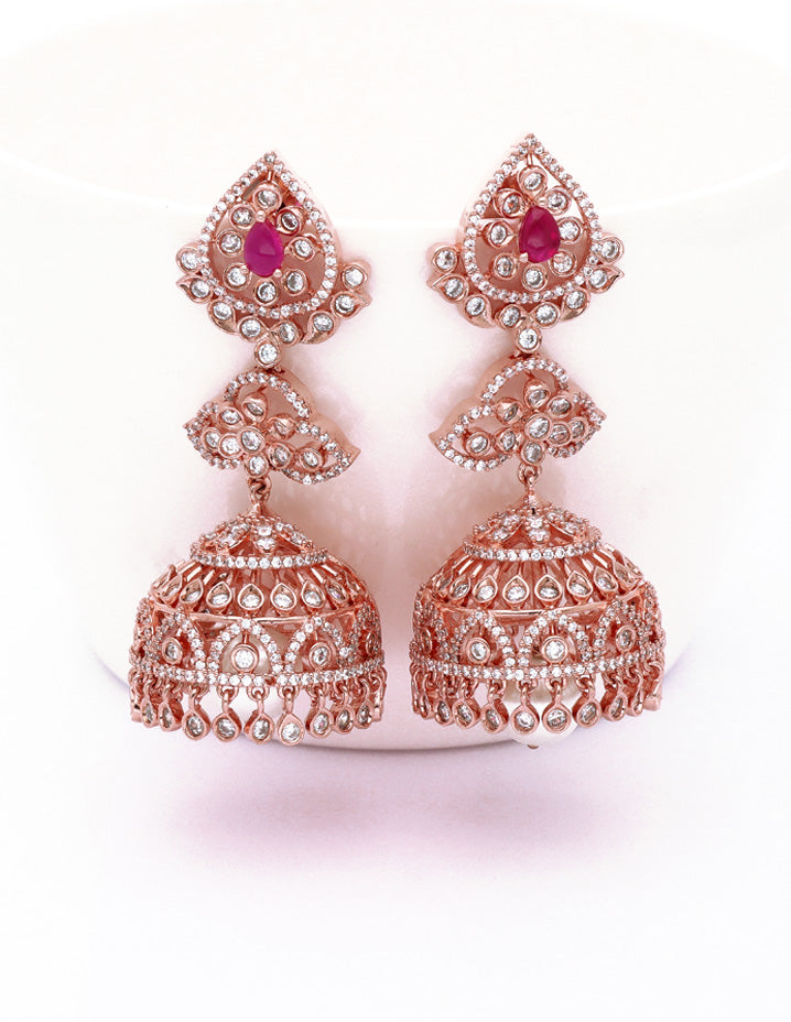 Zirconia Designer Rose Gold Jhumka Earrings