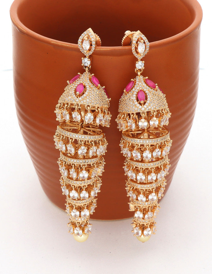 zirconia Designer Multilayer Gold Polish Jhumka Earrings