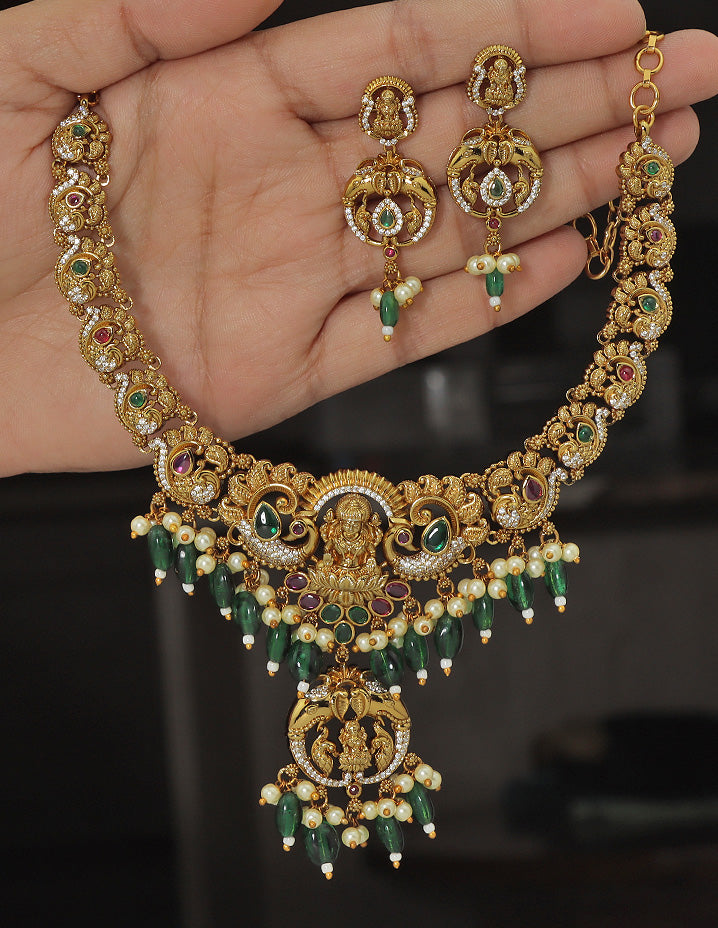 Designer Lakshmi Devi Emerald Matt Kempu Necklace Set